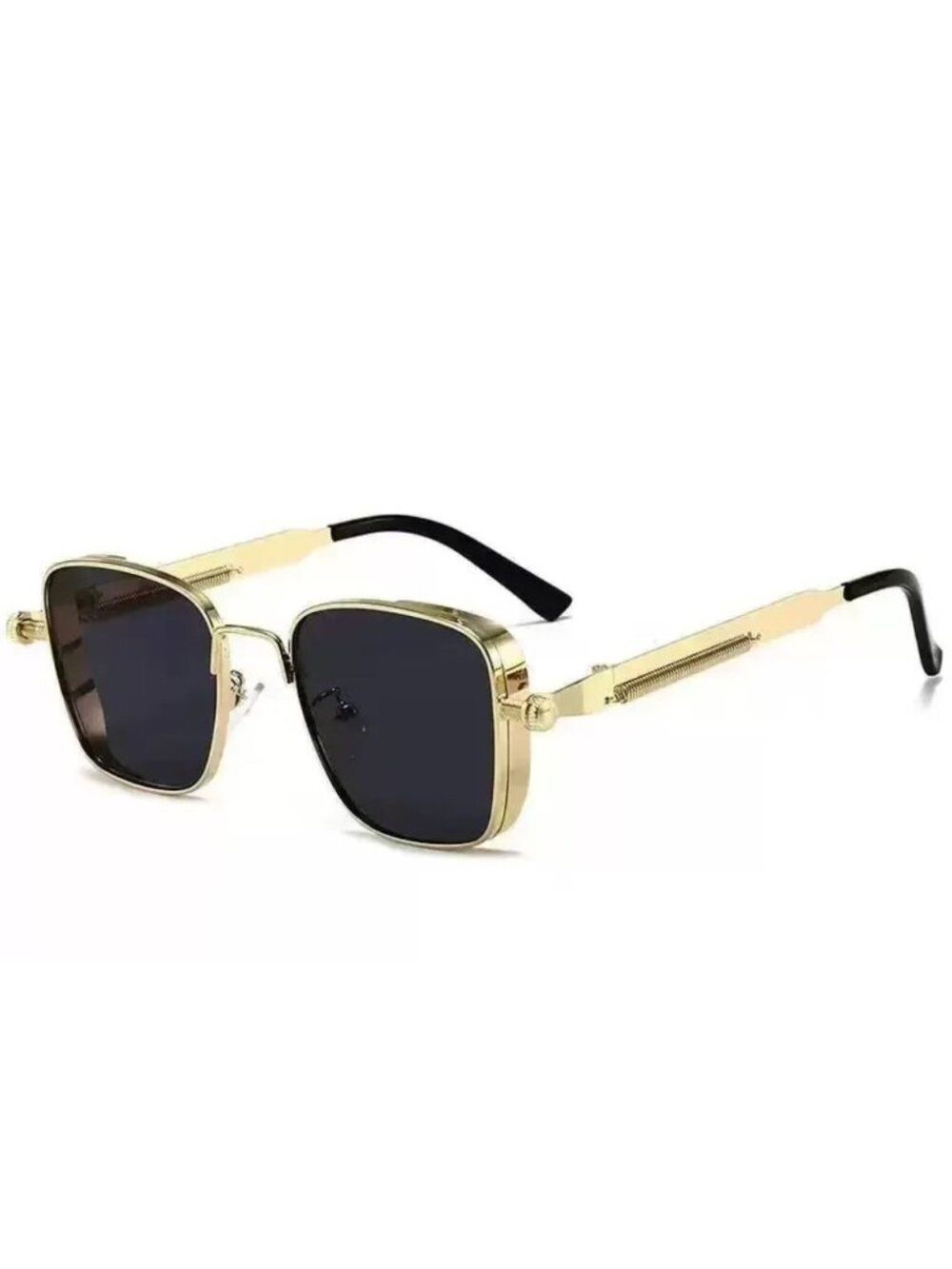 Retro Unisex Square Gold Metal Frame Sunglasses With Black Lenses Spring Hinges